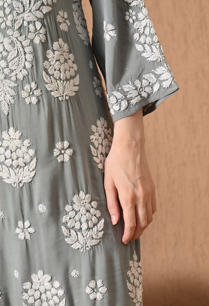 Hand Embroidered Chikankari Modal Plazo Set with 3D Floral Work – Ethnic Wear for Women