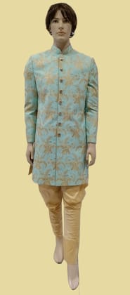 Mens Pista Green Embroidered Wedding Wear Indo Western Suit-4907 / Pista Green / 40