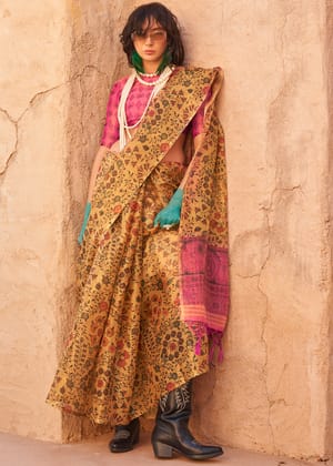 Golden Brown Printed Cotton Silk Saree With Contrast Blouse