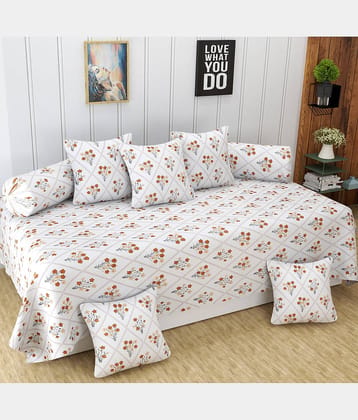 Homefab India Cotton Floral Diwan Set 8 Pcs - White