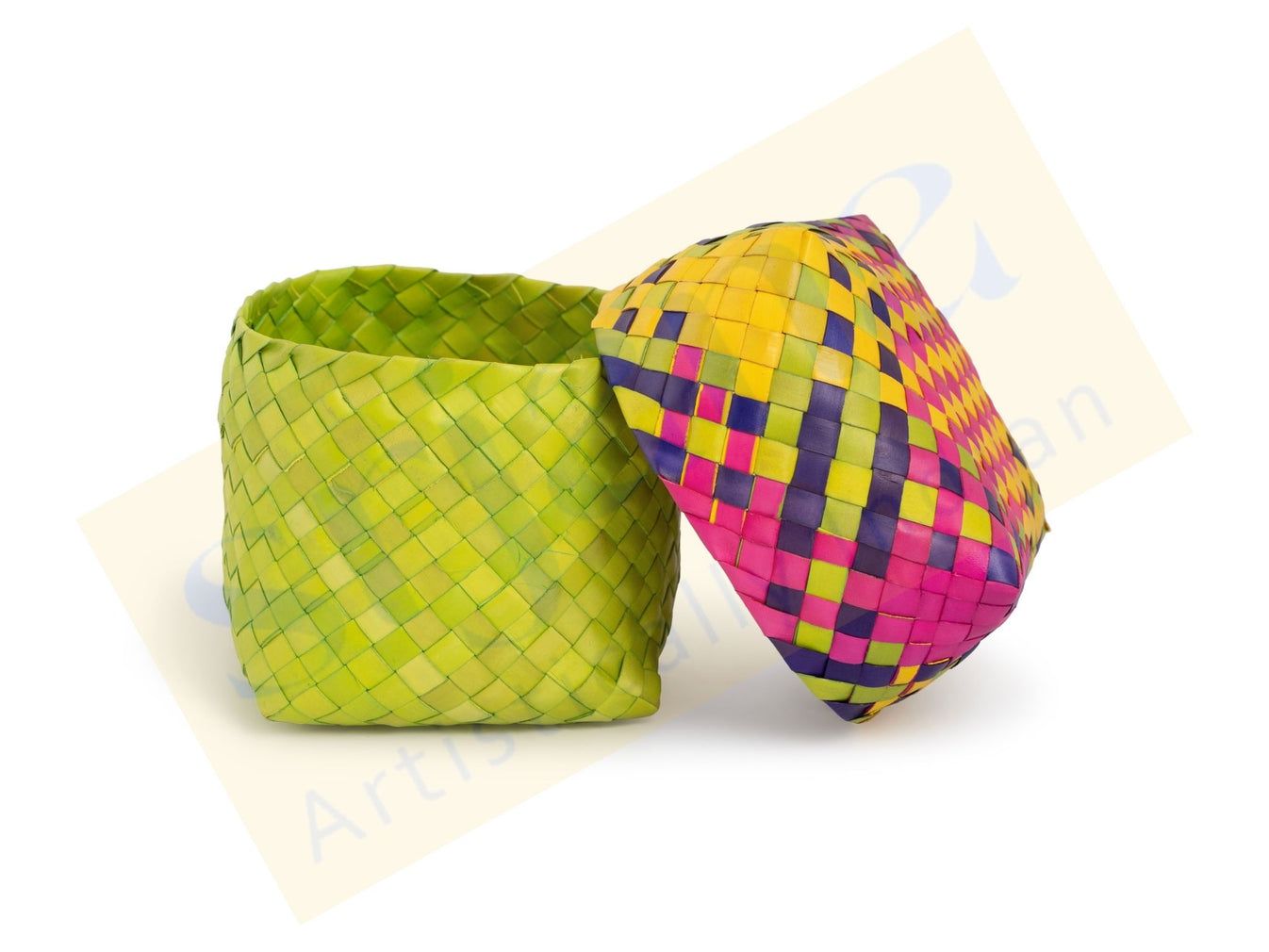 Srjana Colorful Square Palm Leaf Basket with Lid