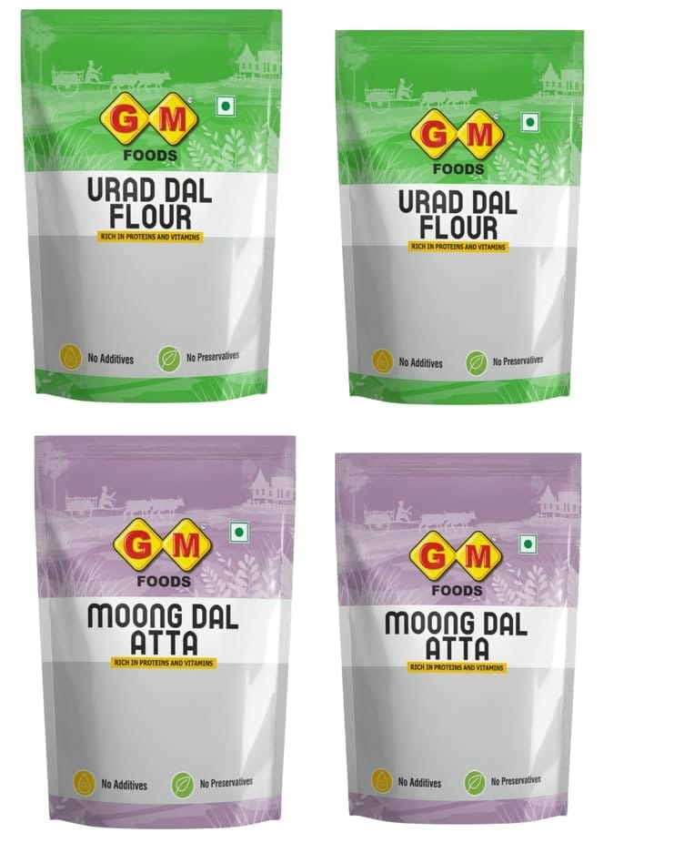 GM Foods Urad Dal Atta 500g & Moong Dal Atta 500g (Pack of 2 Each) | High Protein, Gluten-Free Flour Combo | Fresh, Natural & Nutritious Atta for Healthy Cooking & Baking | No Preservatives