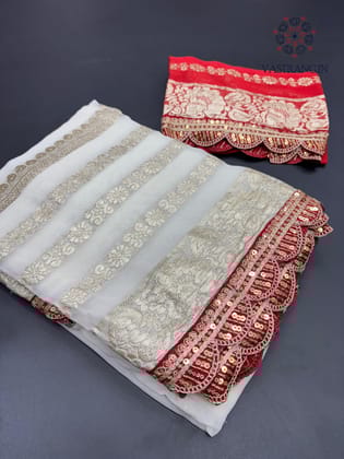 Latest Function wear White Color Viscose Georgette Jacquard Weaving With Squence Lace Work Fancy Designer Saree