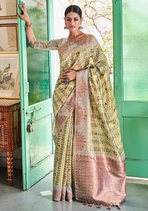 Lime Yellow Silk Saree With Digital Print