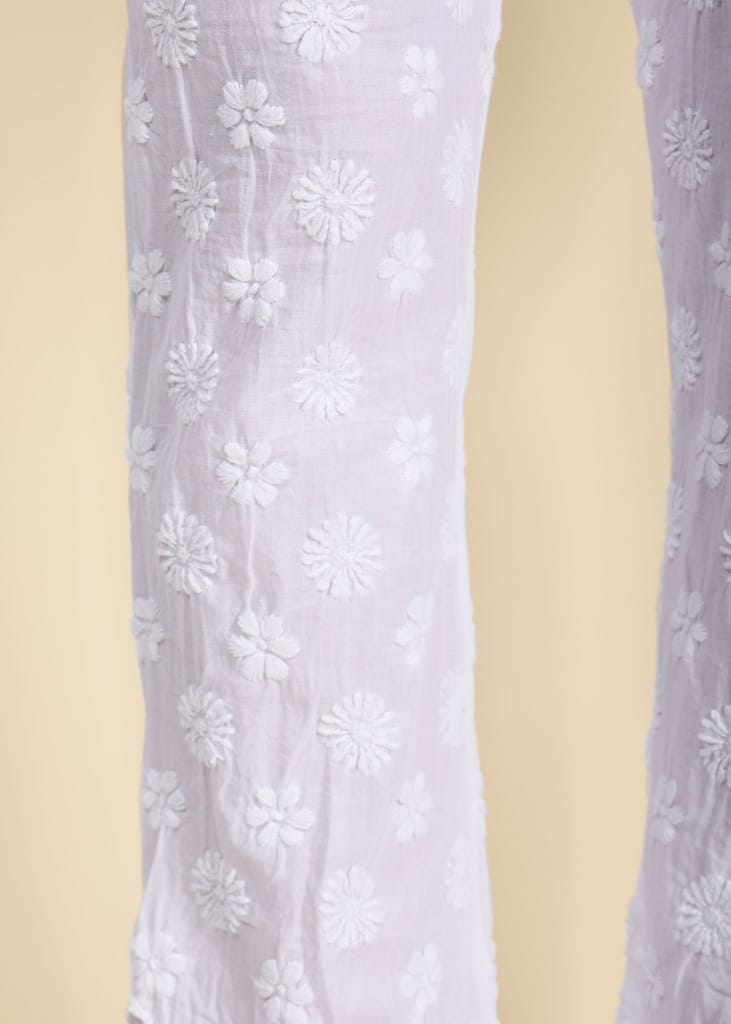Lucknow Chikankari Handmade White Stretchable Cotton Pants for Girls
