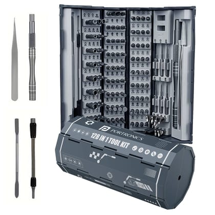 Portronics Bit Box 2 Non-Slip Handle, 360 Degree Rotating Cap, Magnetic Absorption, Flexible Extension, 128-in-1 Tool Kit