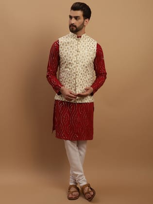 Sojanya Men's Pure Cotton Maroon Kurta and White Pyjama With Cream Nehru Jacket Set-38