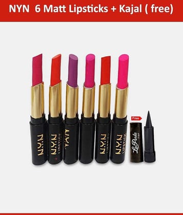 NYN Moisturzing Rich Matt Lipsticks (Pack of 6) + Kajal (Free)