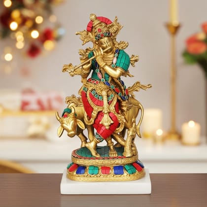 Brass Cow Krishna Stone Idol (BSMAS431)