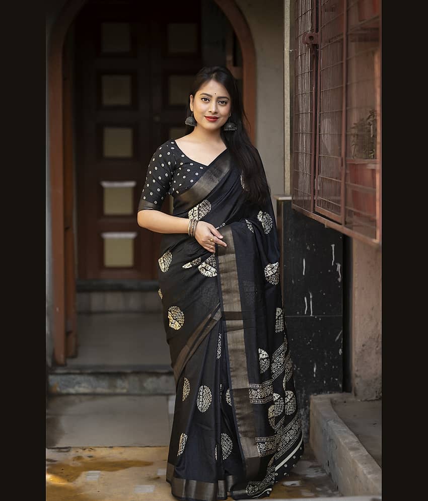 Bhuwal Fashion Cotton Printed Saree With Unstitched Blouse Piece ( Yellow )