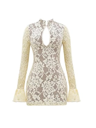 Bell Sleevees Floral Lace Cutout Short Dress-Yellow / S