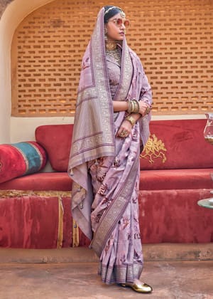 Lavender Purple Floral Printed Silk Saree With Contrast Border