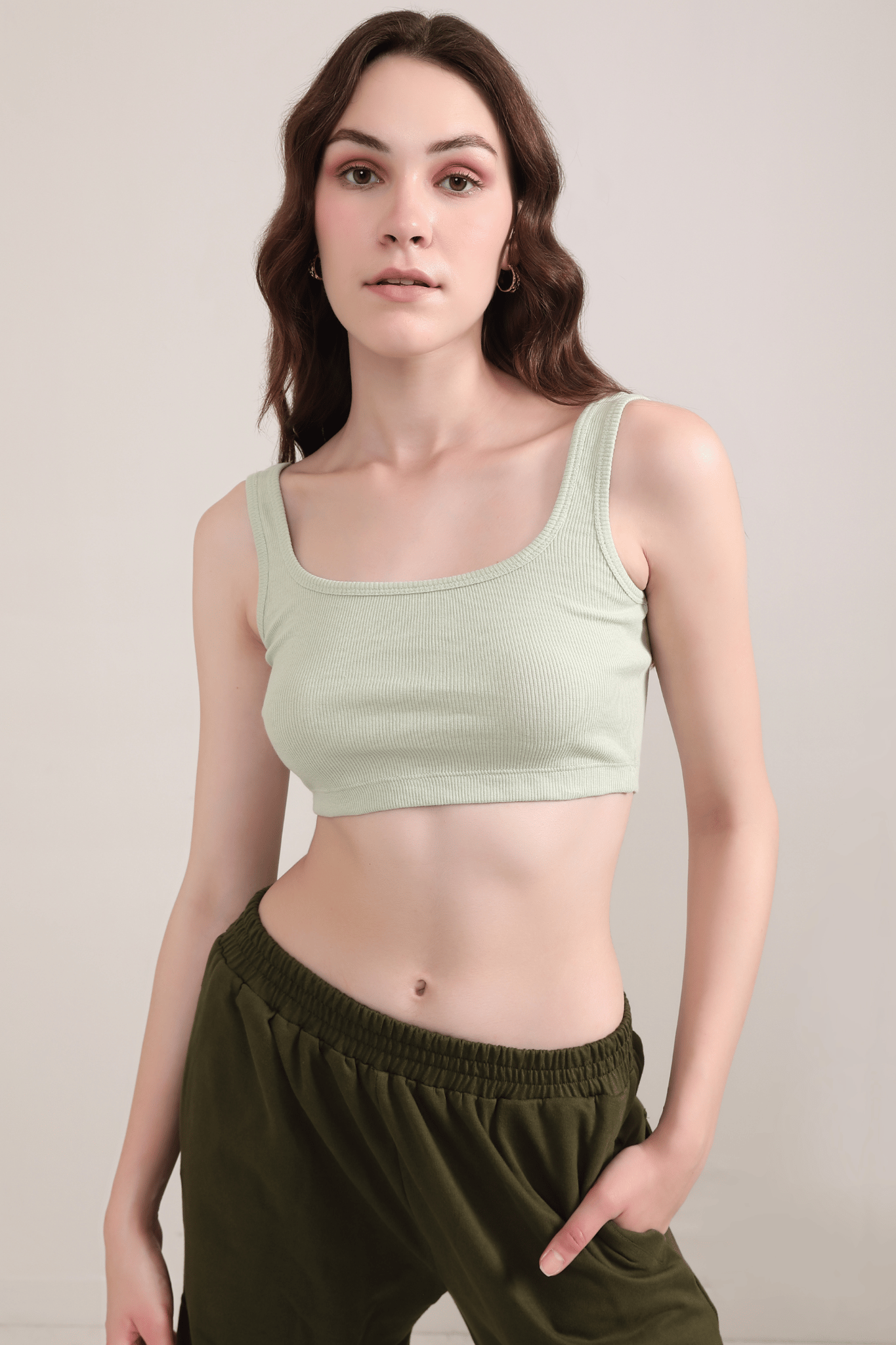 Ribbed Vest Tank Top- Granite Green-XS