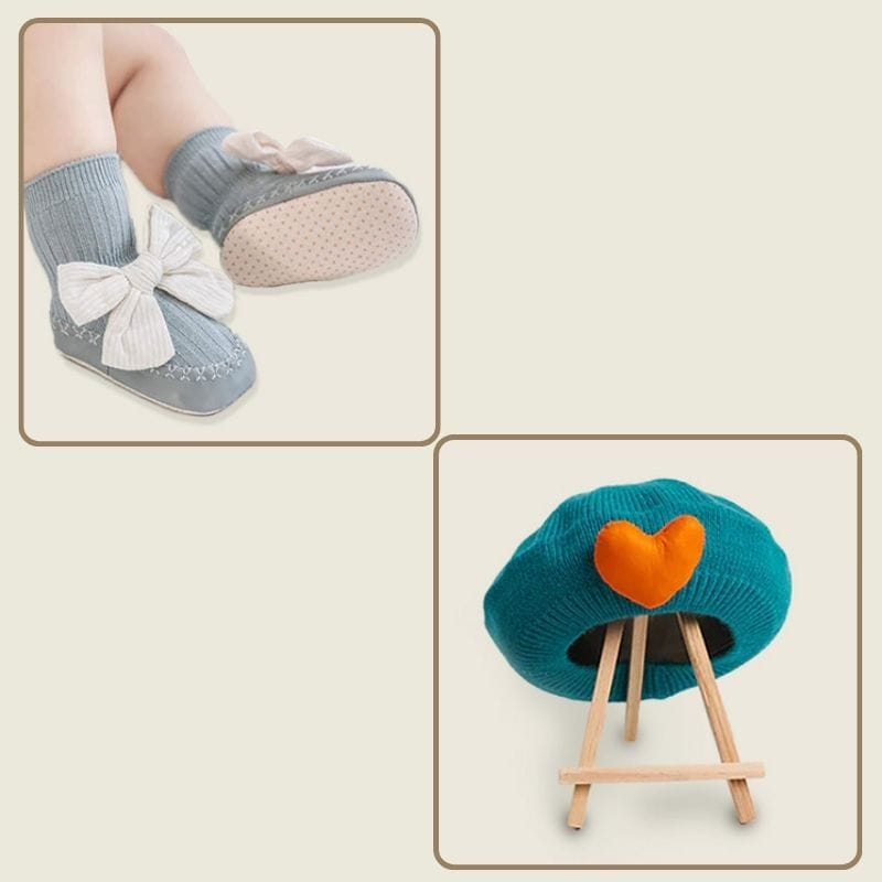 The Chic Bundle- Teal Blue Beret & Cyan Blue Bow Socks-0-6 M