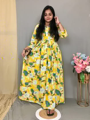 Yellow Mix Flower - Maternity Kurti with Feeding Zips - Cotton Flex - Thicker Fabric-40 - 42 ( L - XL )