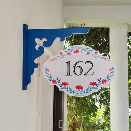 Handpainted Hanging Name plate - Navy Victorian Red Flowers-8x12 Inches