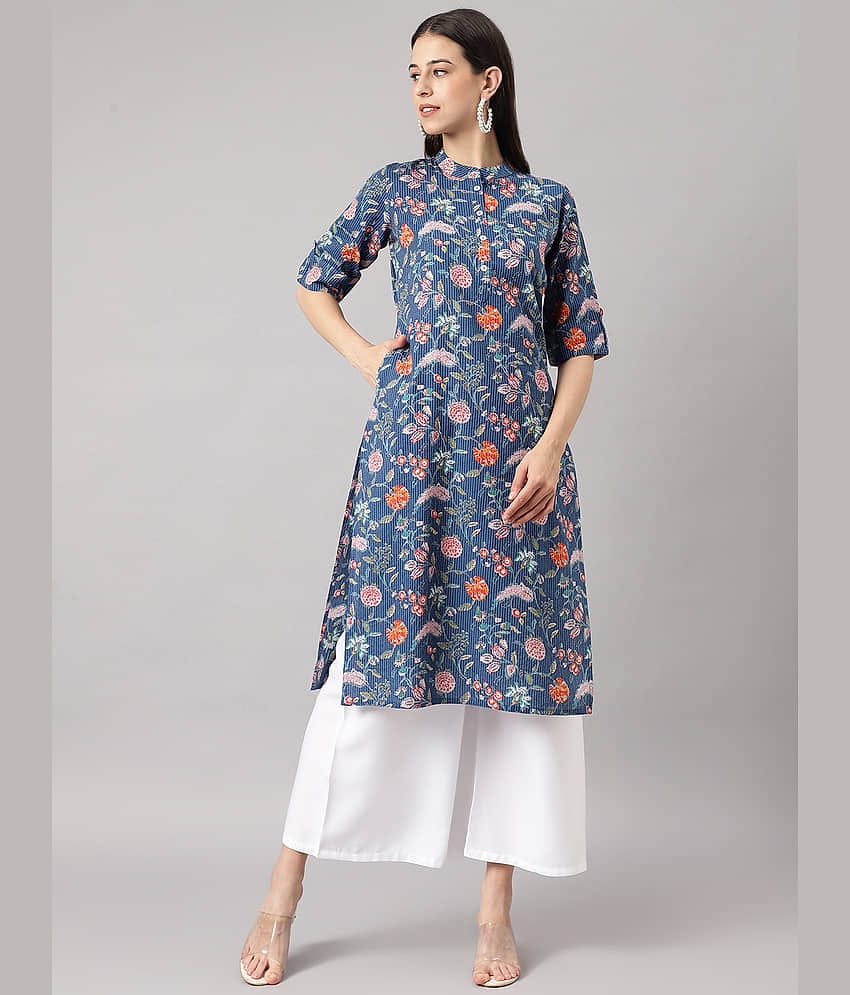 Divena - Blue Cotton Women's Straight Kurti ( Pack of 1 )