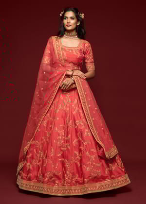 Flame Red Georgette Embroidered Lehenga With Net Dupatta