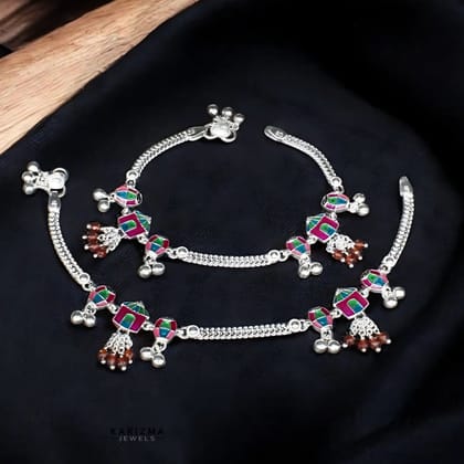 Real Silver Indian wedding style women Anklets Bracelet Pair 10.3"