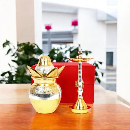 Traditional Brass Kalash & Diya Set with Red Velvet Box