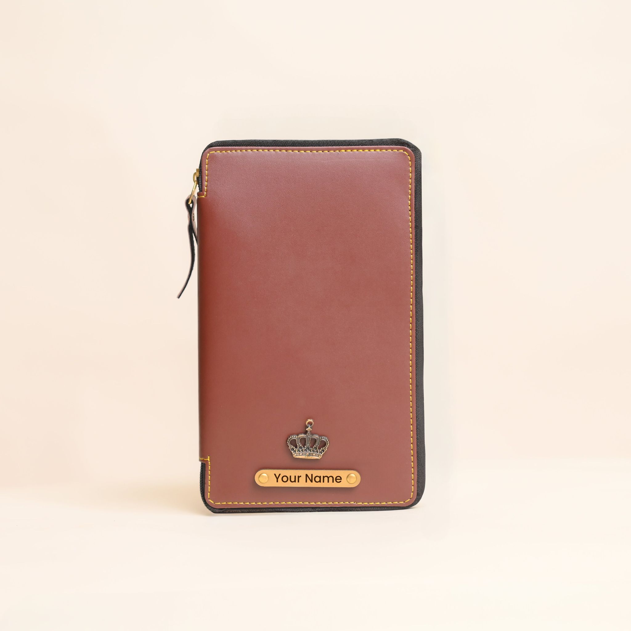 Personalized Brown Leather Zippered Travel Passport Folder