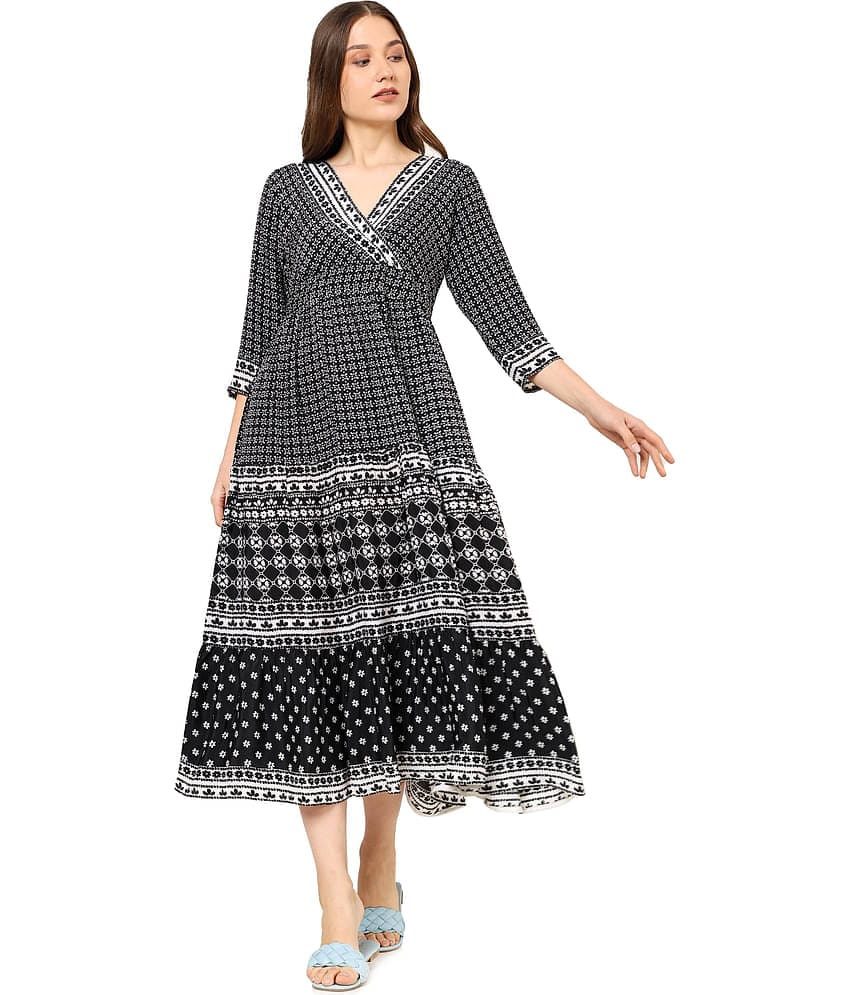 Akiko Women Polyester Printed Fit & Flare Dress ( Black )