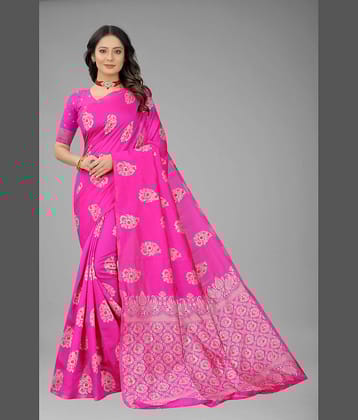 NENCY FASHION Banarasi Silk Embellished Saree With Unstitched Blouse Piece ( Rani )