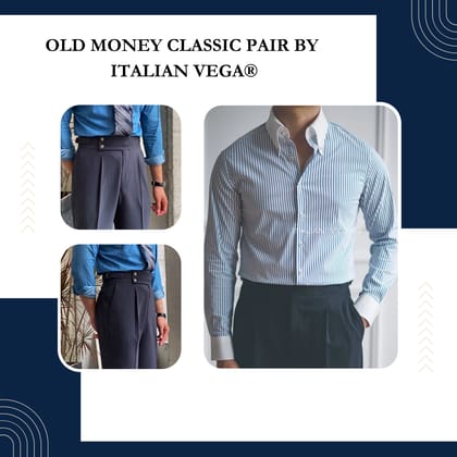 Old Money Classic Stripe Shirt with Elephant Grey Signature Buttoned Gurkha Pant by ITALIAN VEGA®-M / 28