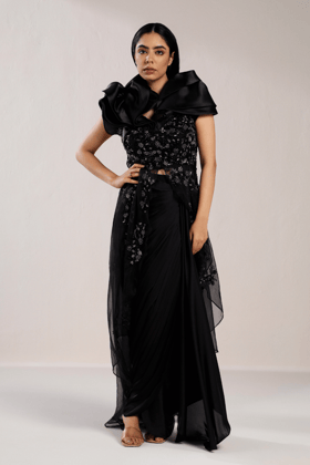 BLACK EMBROIDERED PEPLUM WITH DRAPED SKIRT-XS