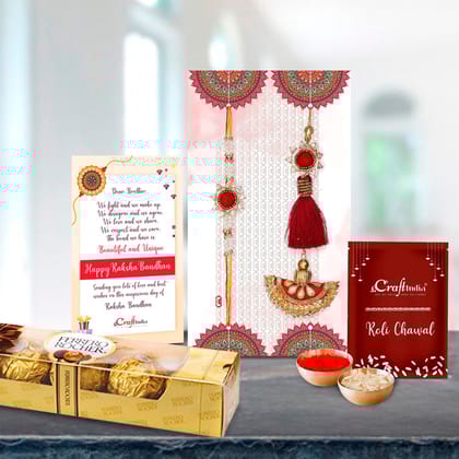 Designer Handcrafted Premium Bhaiya Bhabhi Rakhi with Ferrero Rocher (4 pcs) and Roli Chawal Pack, Best Wishes Greeting Card