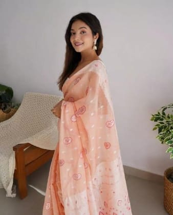 Women's Cotton Printed Saree With Unstitched Blouse 5.5Mtr (Peach)-PID60311