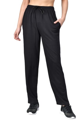 Women's Black Track Pants with White Stripe & Pockets-S