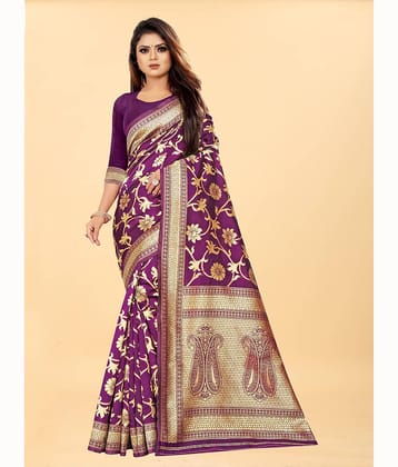 Gazal Fashions Banarasi Silk Embellished Saree With Unstitched Blouse Piece ( Wine )
