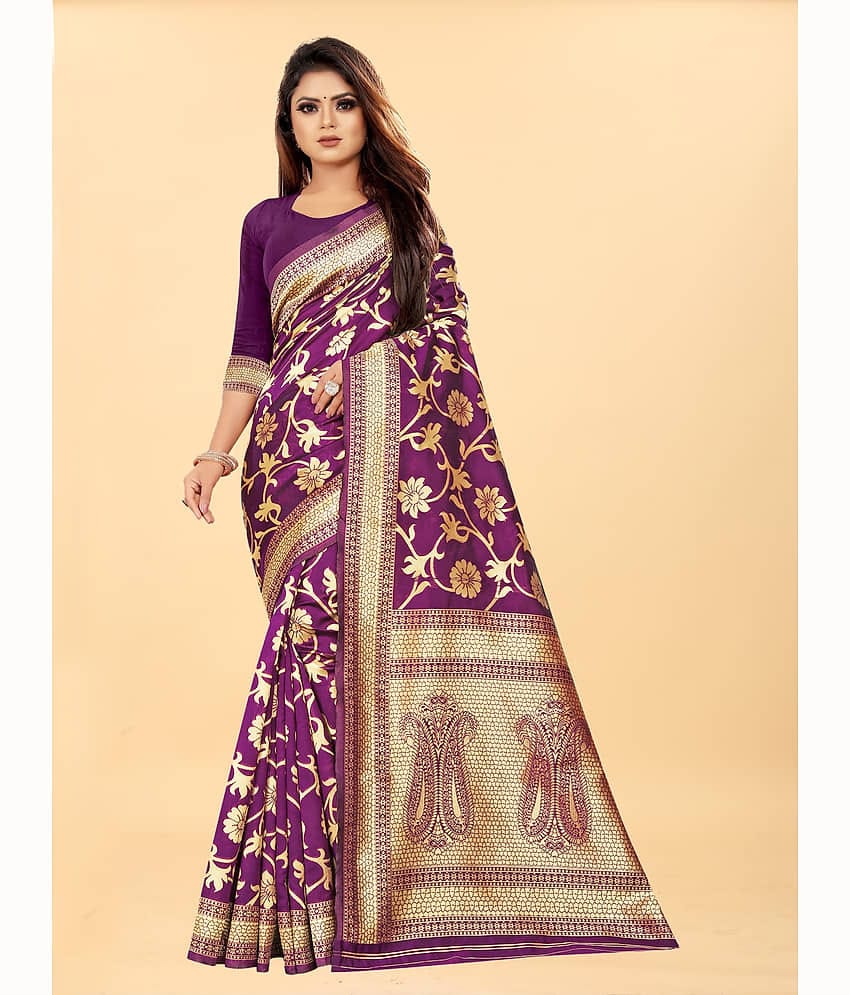 Gazal Fashions Banarasi Silk Embellished Saree With Unstitched Blouse Piece ( Wine )