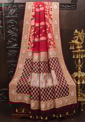 Alfi Stacked Border on Red Georgette Saree with vertical Sona Rupa zari stripes | SILK MARK CERTIFIED