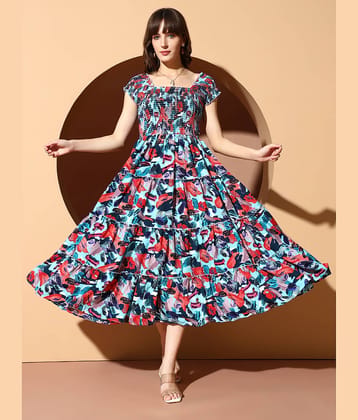 ZWERLON Women Polyester Printed A-line Dress ( Blue )