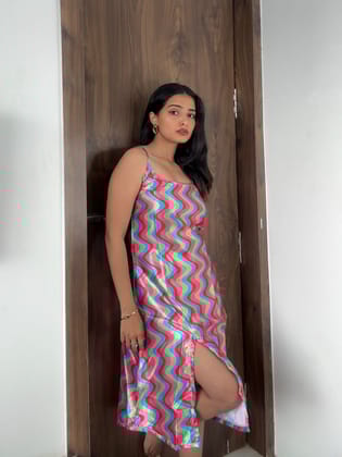 pink-green-abstract-Satin Nightgown, Casual Round Neck Backless Slip Dress-S