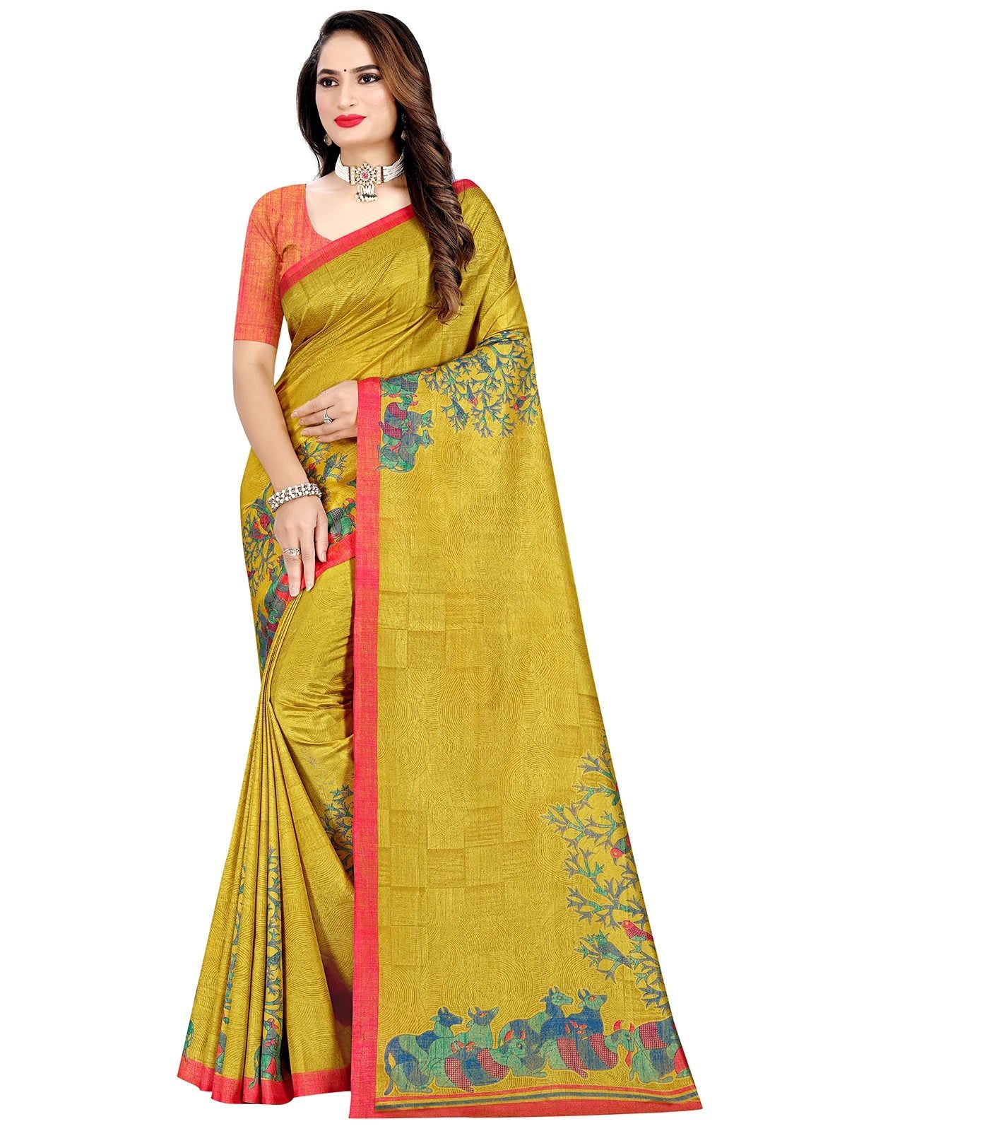 Mustard Woven Synthetic Dupion Saree With Printed Pichwai Motifs-Mustard