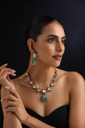 Prema Emerald and Polki Hasli Necklace Set-Polki