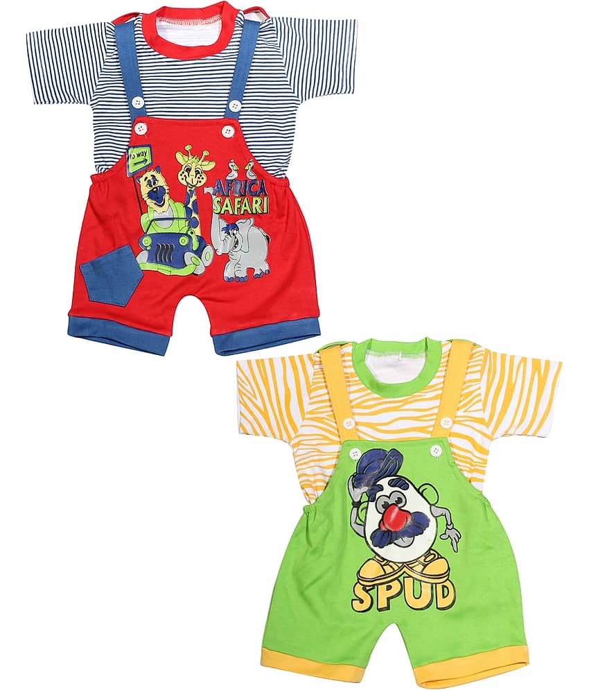 babeezworld baby boys and girls cotton dungaree romper set (Multicolour: 0-3 Months) Pack of 2