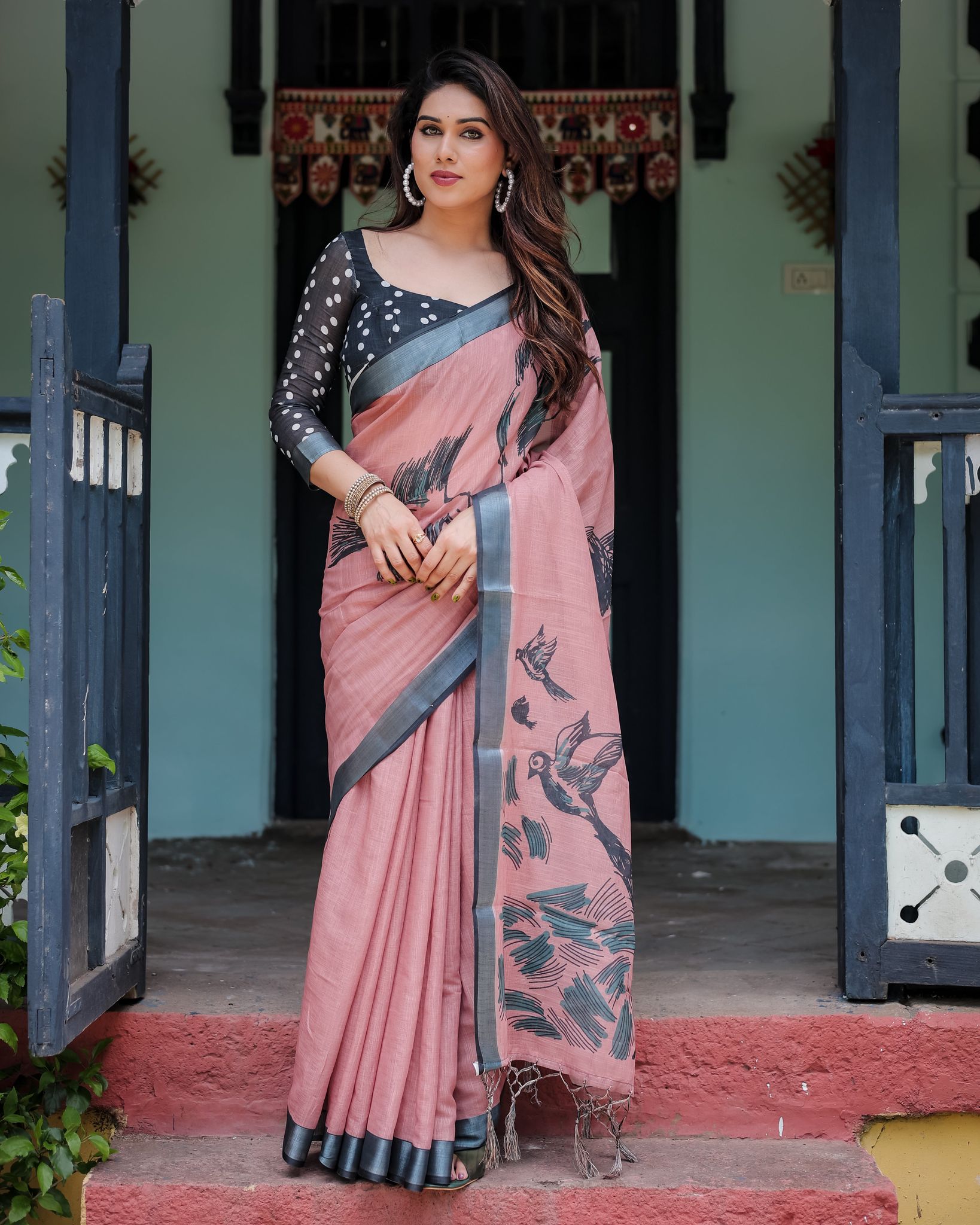 Blush Pink Pure Cotton Linen Saree with Contrast Polka Dot Blouse and Tassel Detailing-Regular