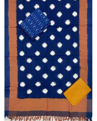 DOUBLE IKAT COTTON BLUE WITH BROWN COLOR DRESS MATERIAL -C55