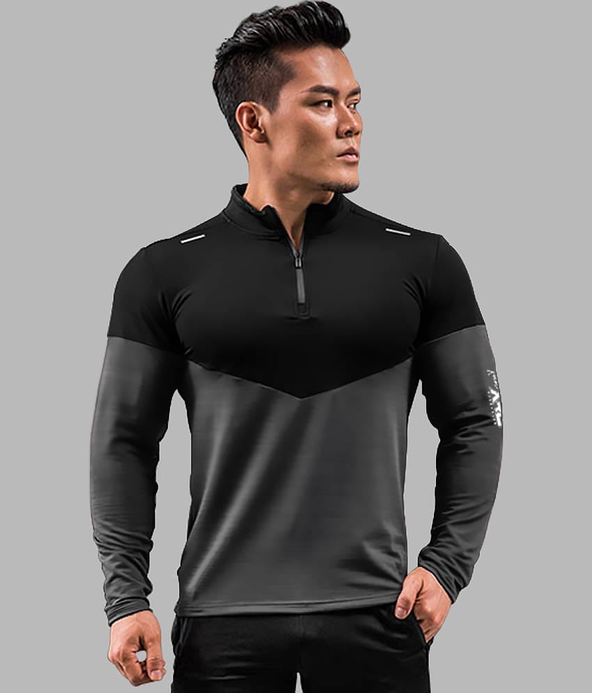 Eyebogler Polyester Slim Fit Colorblock Full Sleeves Men's High Neck T-Shirt - Black ( Pack of 1 )