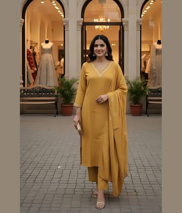 Hiva Trendz Women Art Silk Solid Straight Kurti With Pants ( Mustard )