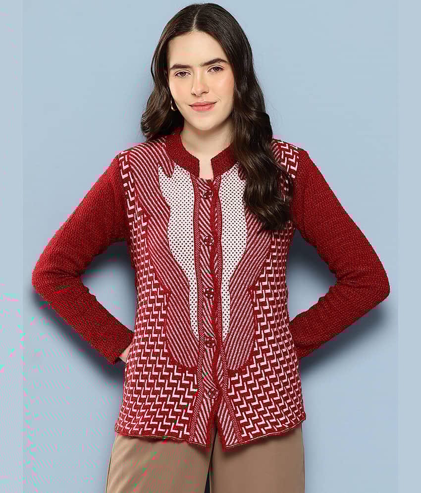 Aarika Women Woollen Shirt Collar Cardigan ( Maroon )