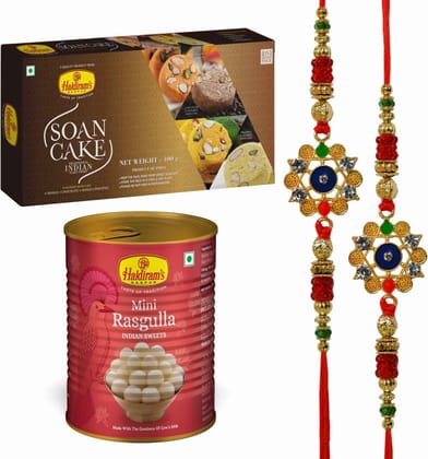 Haldiram's Nagpur Soan Cake (Multi Flavour)(400g),Mini Rasgulla 500g With 2 Rakhi Assorted Gift Box (Multicolor)