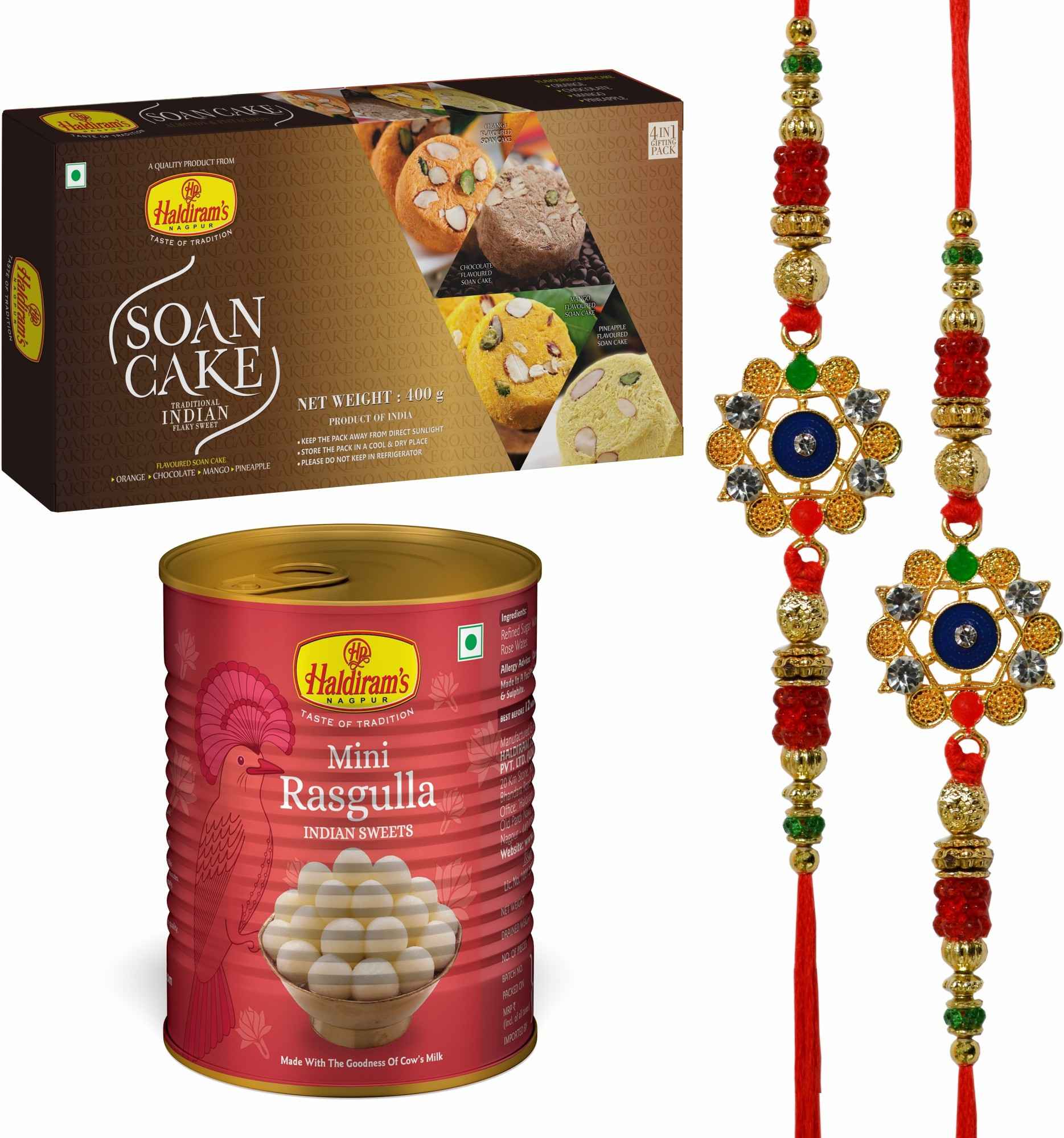 Haldiram's Nagpur Soan Cake (Multi Flavour)(400g),Mini Rasgulla 500g With 2 Rakhi Assorted Gift Box (Multicolor)