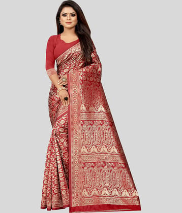 Gazal Fashions Banarasi Silk Embroidered Saree With Unstitched Blouse Piece ( Red )