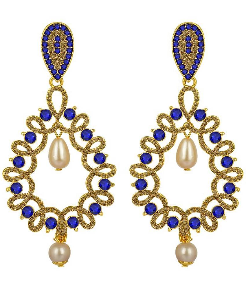 Spargz Antique Gold Plated Blue AD Stone with Pearl Big Long Indian Style Dangle & Chandelier Earrings For Women AIER 1350