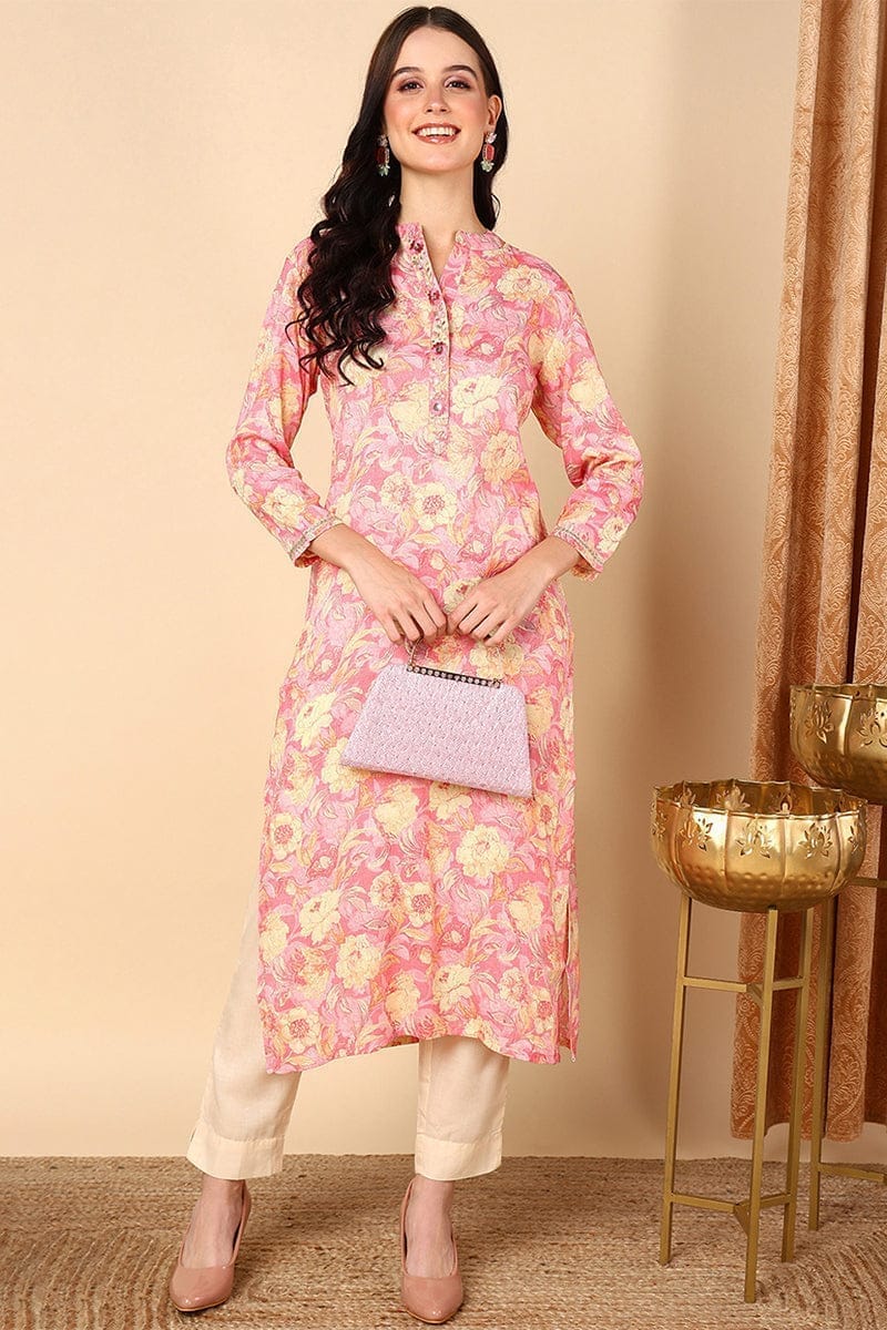 Plus Size Pink Viscose Rayon Floral Printed Kurta VCK9520